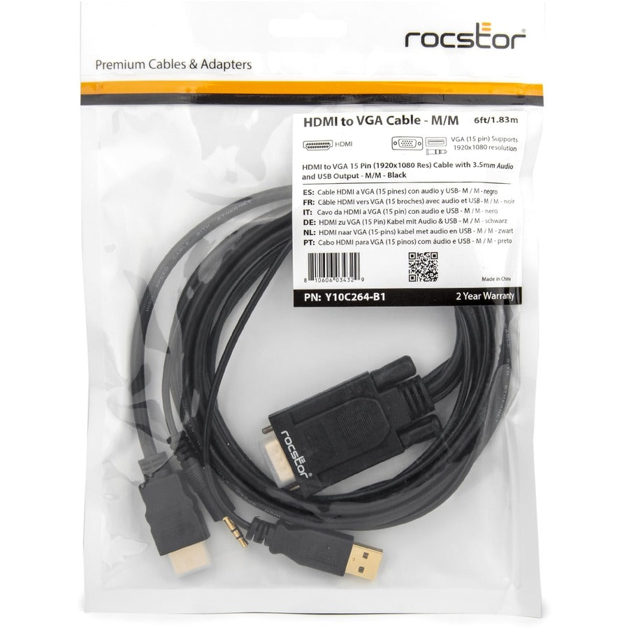 Rocstor Premium 6ft VGA to HDMI Converter Cable with Power and Audio Support M/M Y10C264-B1