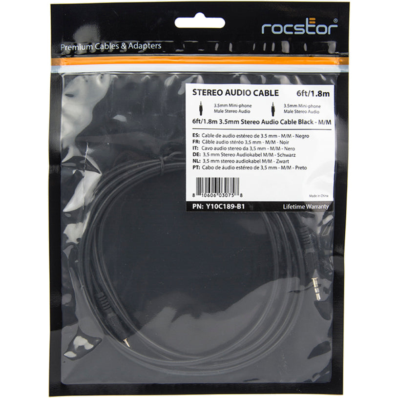 Rocstor Premium Slim 3.5mm Stereo Audio Cable 6 ft - M/M - Mini-phone Male Stereo Audio - Mini-phone Male Stereo Audio Male to Male- 2m - Black - For Smartphone, Mobile Phones, iPhone (with Headphone Jack), iPod AND MP3 PLAYER Y10C189-B1