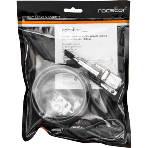 Rocstor Rocbolt Desktop And Peripherals Security Locking Kit With 8' Cable And Key Lock - (2) Keys - Galvanized Steel, Nickel, Zinc Alloy - 8 Ft (2.5M) - For Notebook, Desktop Computer, Docking Station, Monitor, Projector (Compatible To Kensington&Reg; K6
