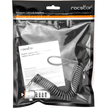 Rocstor Rocbolt Portable Security Cable With Combination Lock And Self-Coiling Steel Cable - Resettable - 4-Digit - Galvanized Steel, Zinc Alloy - 6 Ft - For Notebook, Docking Station, Desktop Computer, Monitor (Compatible To Kensington&Reg; K64670Am) Por
