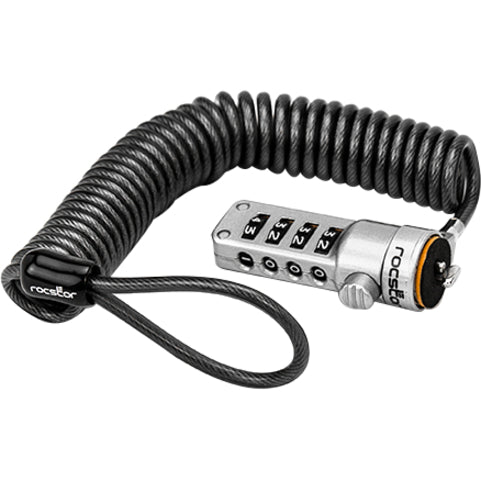 Rocstor Rocbolt Portable Security Cable With Combination Lock And Self-Coiling Steel Cable - Resettable - 4-Digit - Galvanized Steel, Zinc Alloy - 6 Ft - For Notebook, Docking Station, Desktop Computer, Monitor (Compatible To Kensington&Reg; K64670Am) Por