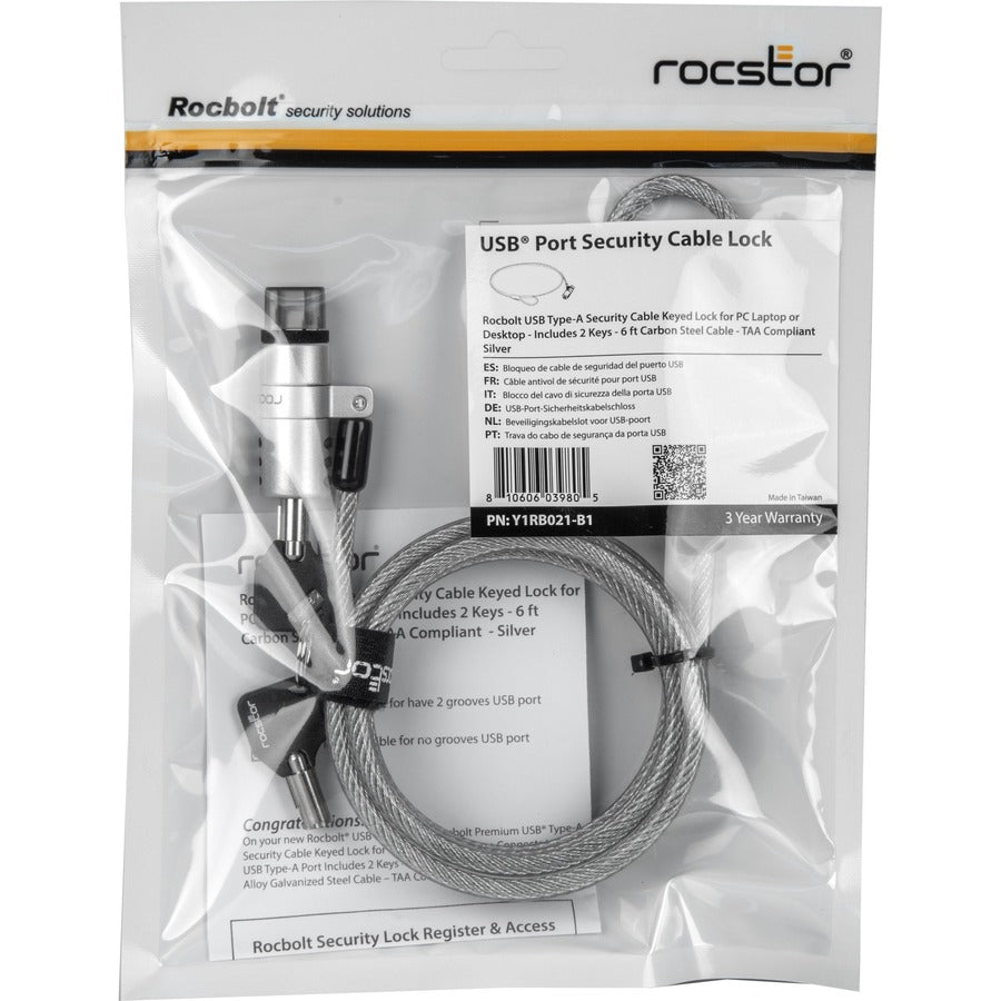 Rocstor Rocbolt USB Cable Lock - Rocstor Rocbolt Premium USB Type-A Security Cable Keyed
