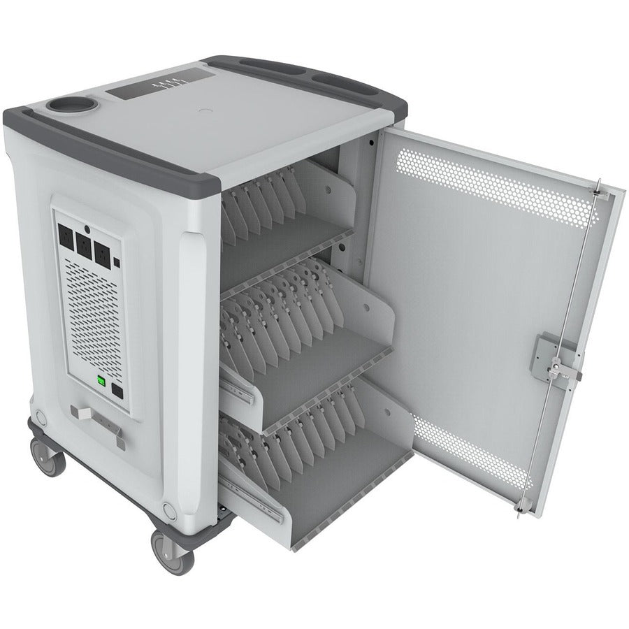 Rocstor Volt&Reg; C32 Charging Cart With Intelligent Power Charging - Up To 32 Device Intelligent Power Charging Cart For Notebooks, Chromebook&Reg;, Macbook&Reg;, And Macbook&Reg; Pro- 3 Slide-Out Shelves - Push Handle - 4 Heavy Duty 5" Casters - Steel C