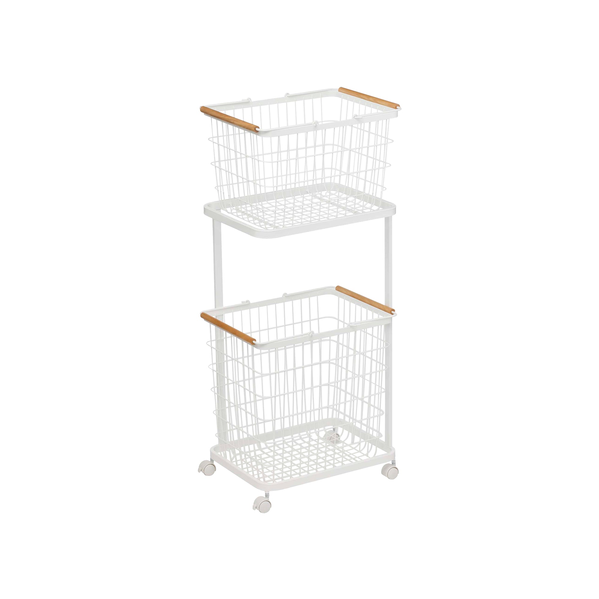 Rolling Laundry Cart + Wire Baskets (38" H) - Steel + Wood