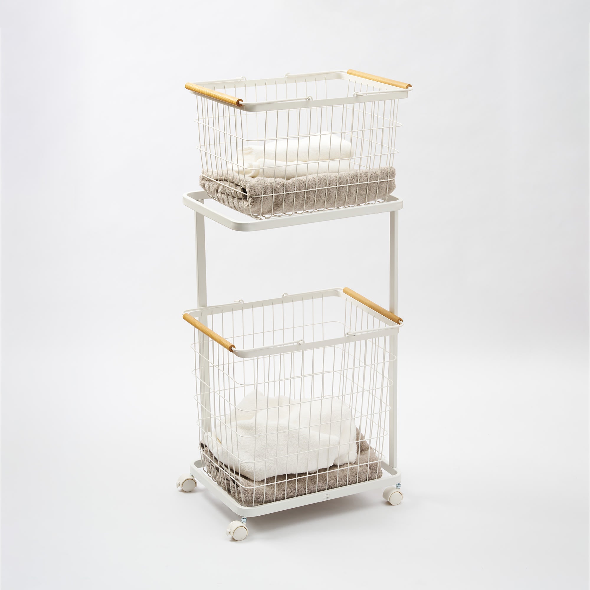 Rolling Laundry Cart + Wire Baskets (38" H) - Steel + Wood