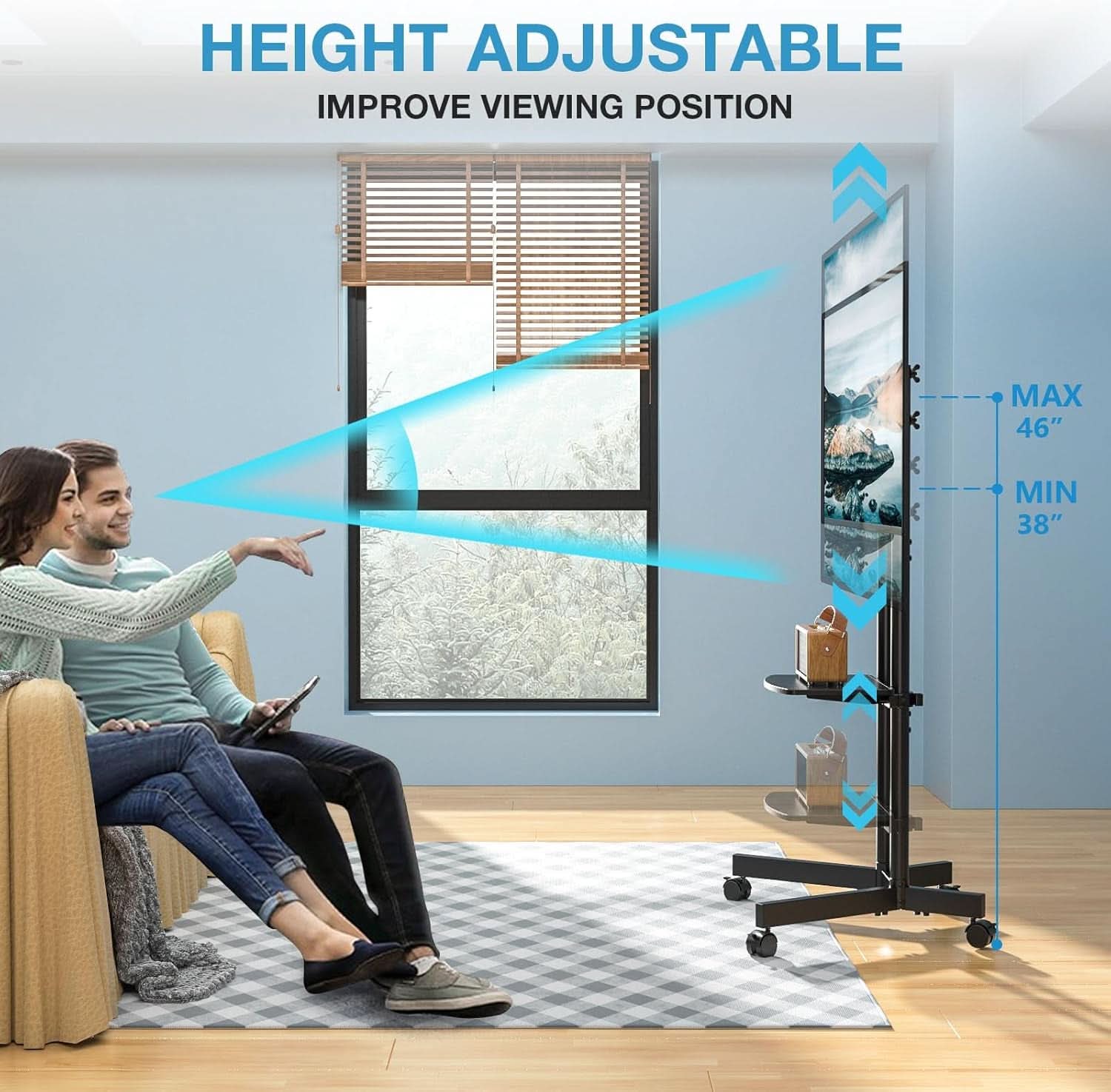 Rolling TV Stand 32-75 Inch With Height Adjustable Shelf