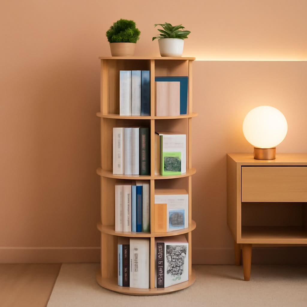 Rotating Bookshelf 360 Display 4 Tier Bookcase Solid Wood