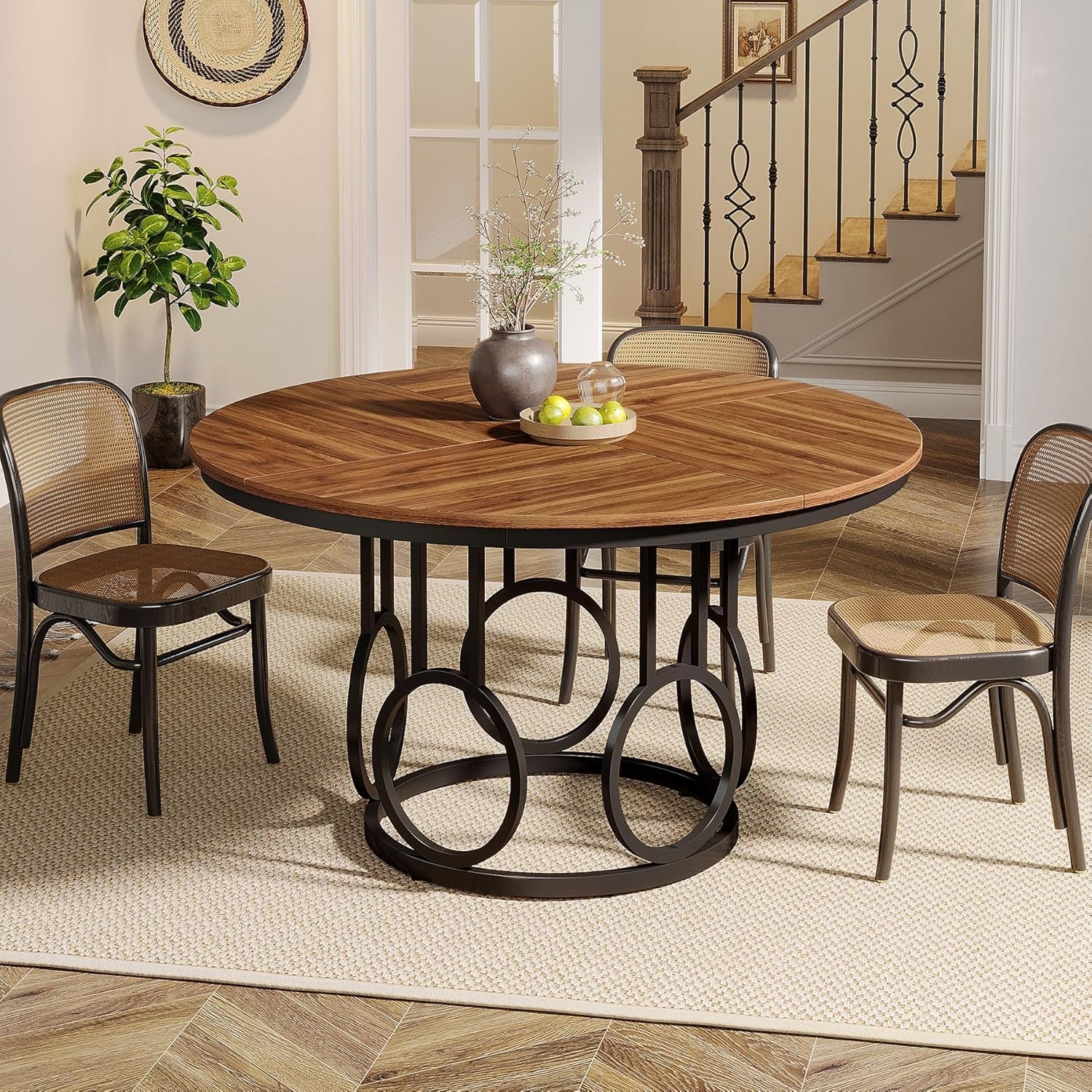 Round Dining Table 47 Walnut With Metal Base Seats 4 To 6