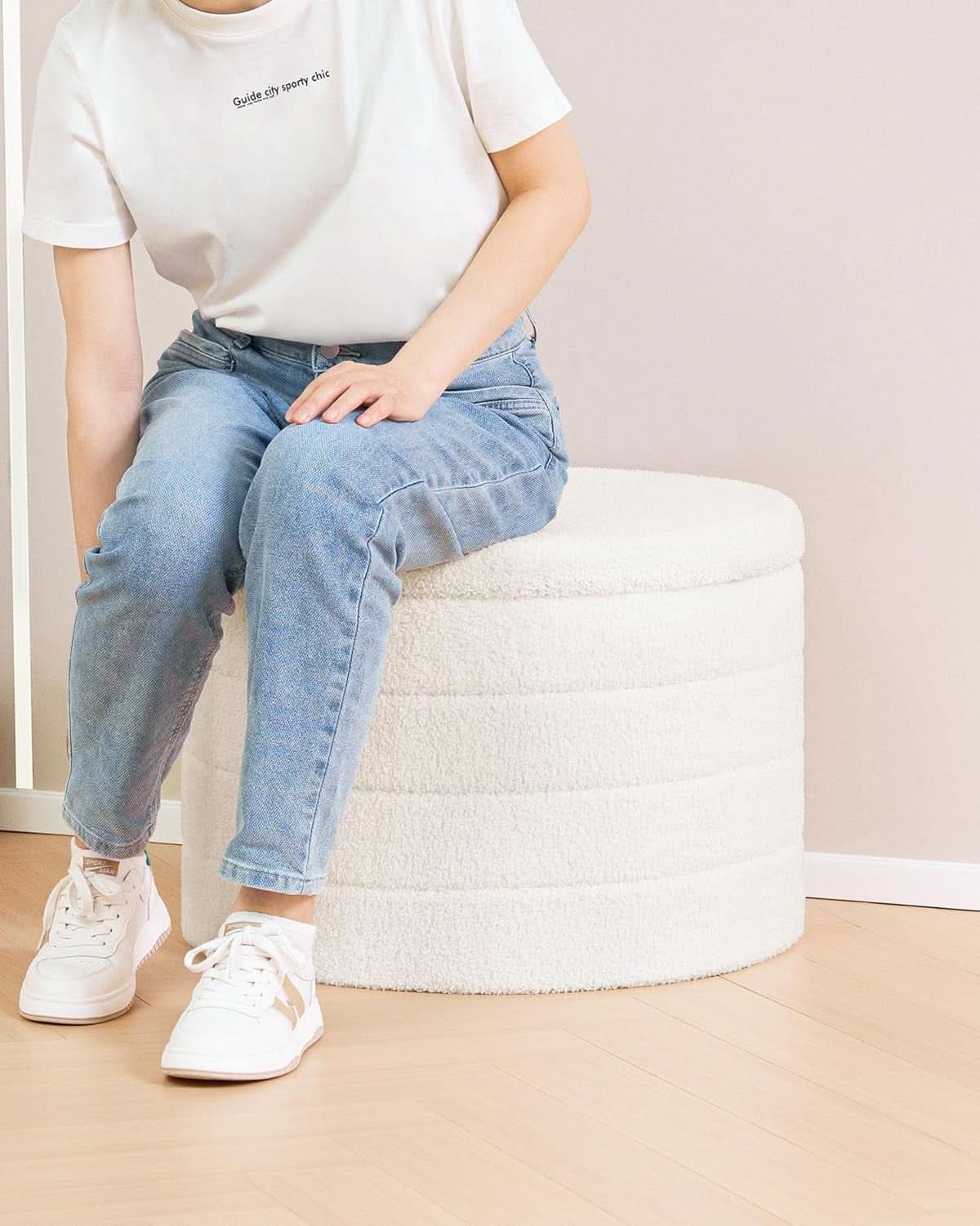 Round Sherpa Boucle Storage Ottoman White 22 Inches