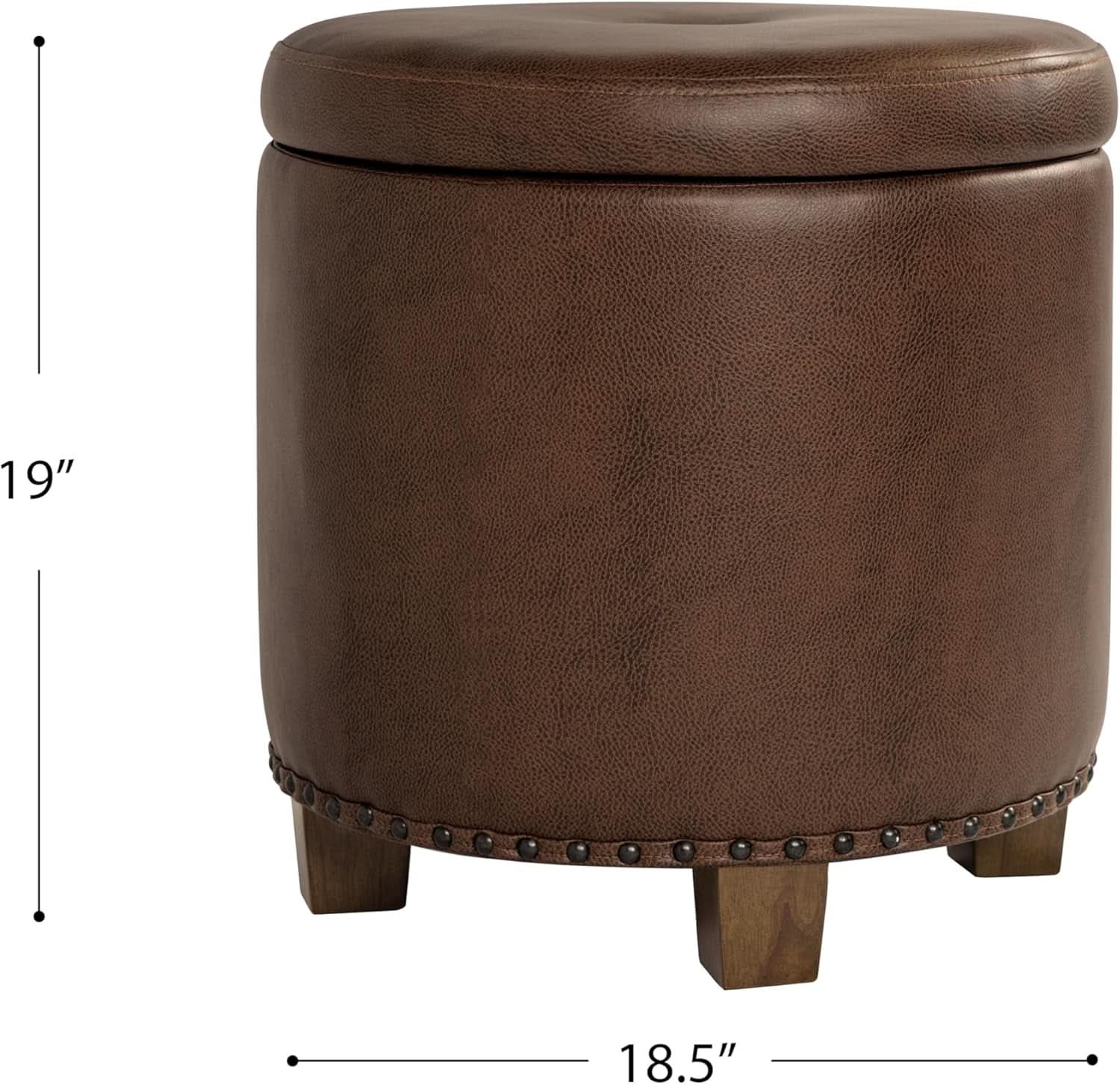 Round Storage Ottoman With Nailhead-Trim Brown Faux Leather