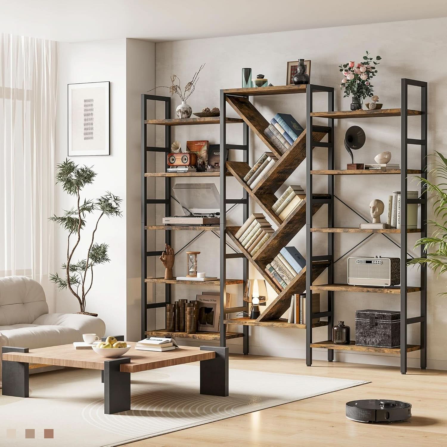 Rustic Brown 5 Tier Wooden Bookcase With Metal Frame