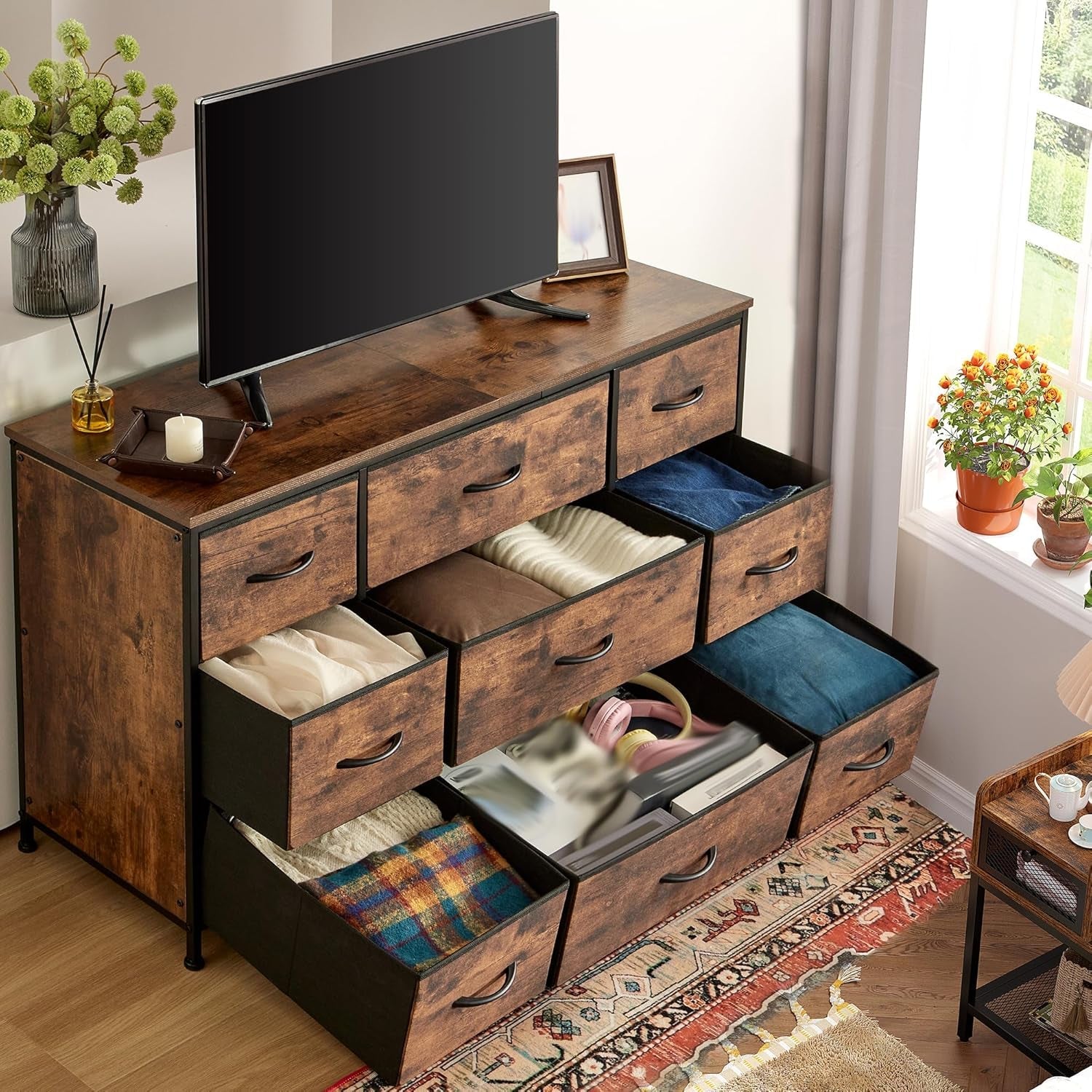 Rustic Brown Dresser With 9 Drawers And Metal Frame