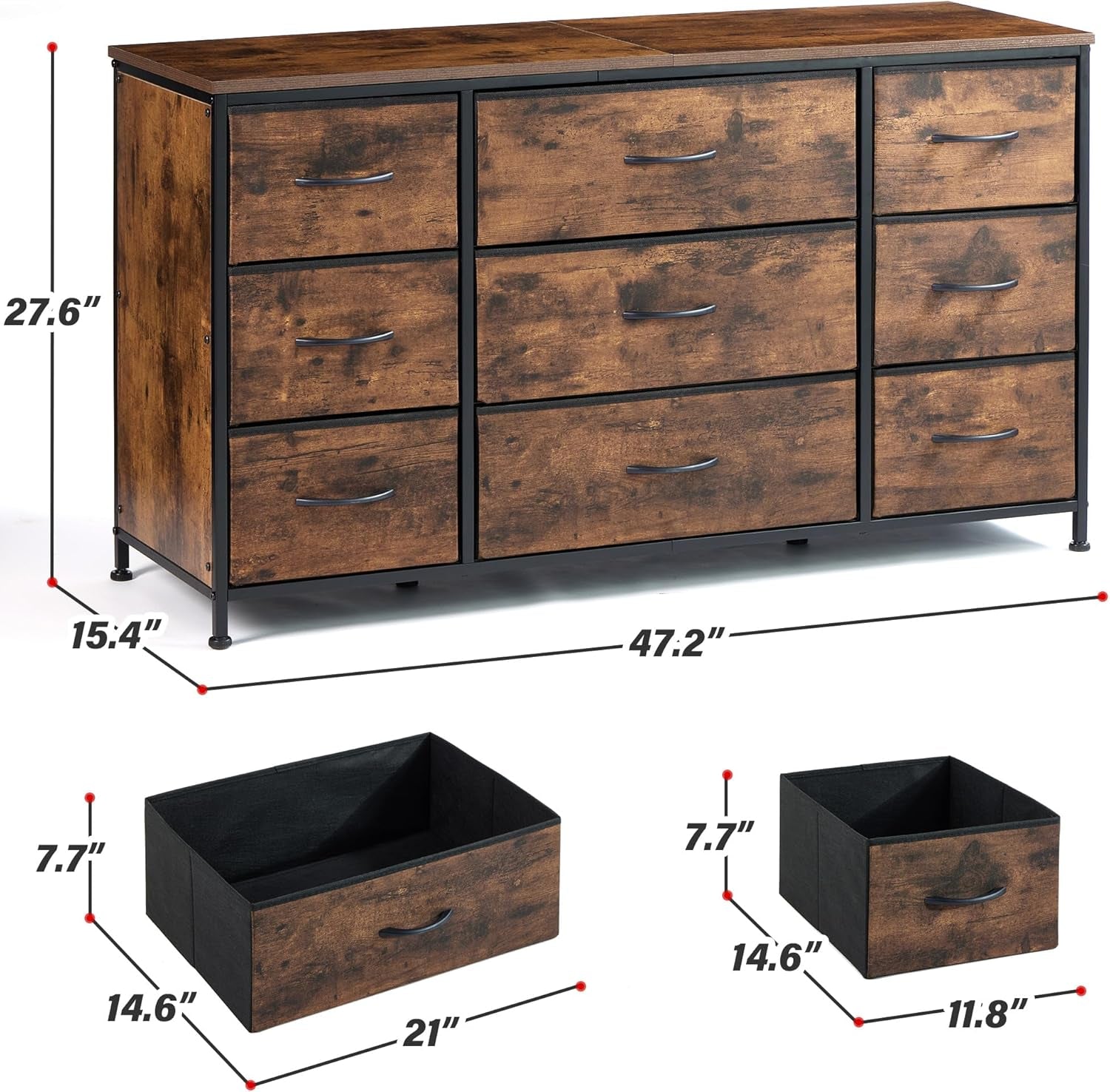 Rustic Brown Dresser With 9 Drawers And Metal Frame