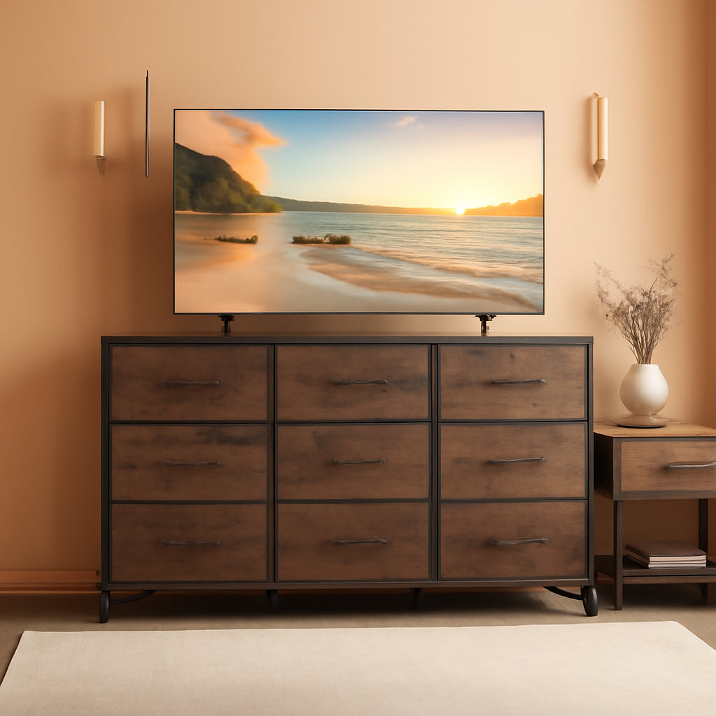 Rustic Brown Dresser With 9 Drawers And Metal Frame