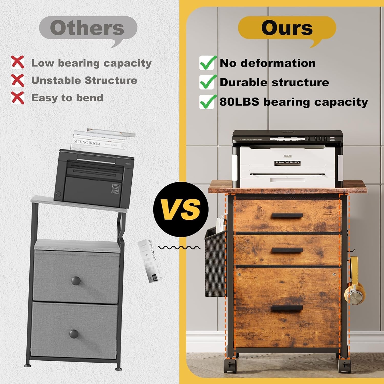 Rustic Brown Fabric Filing Cabinet With 3 Drawers Office
