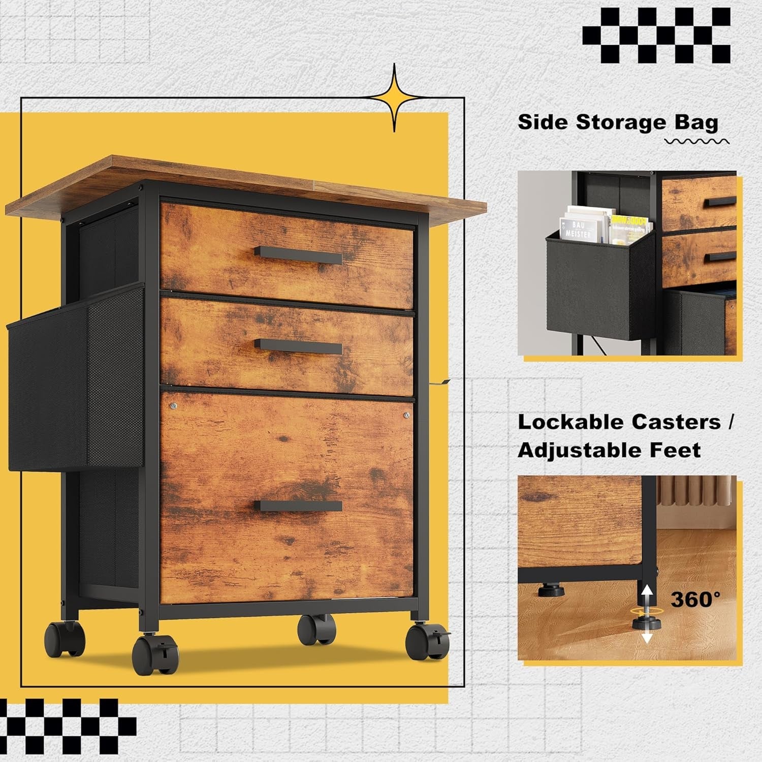 Rustic Brown Fabric Filing Cabinet With 3 Drawers Office