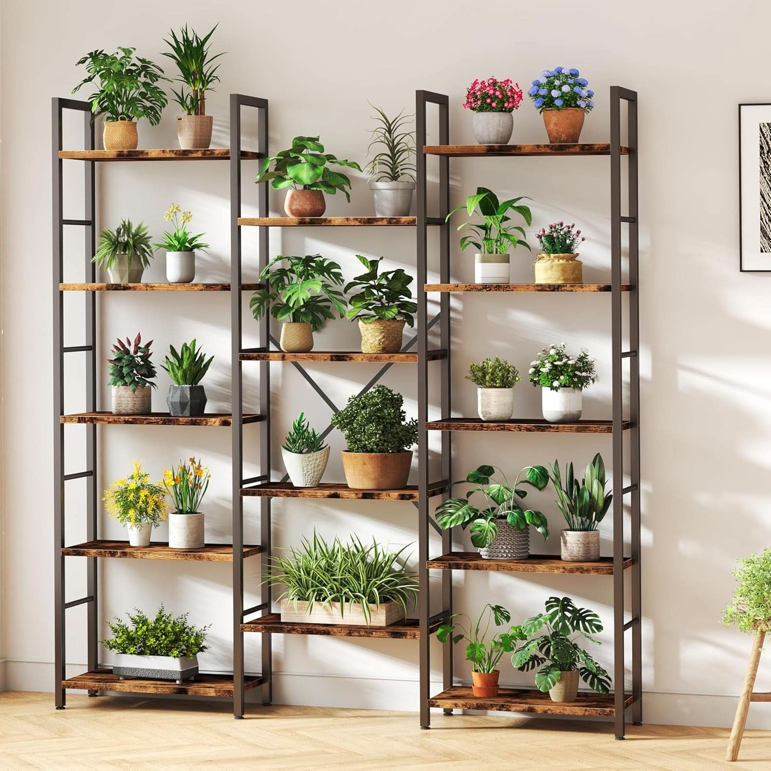 Rustic Brown Large Five Tier Bookshelf With Steel Frame