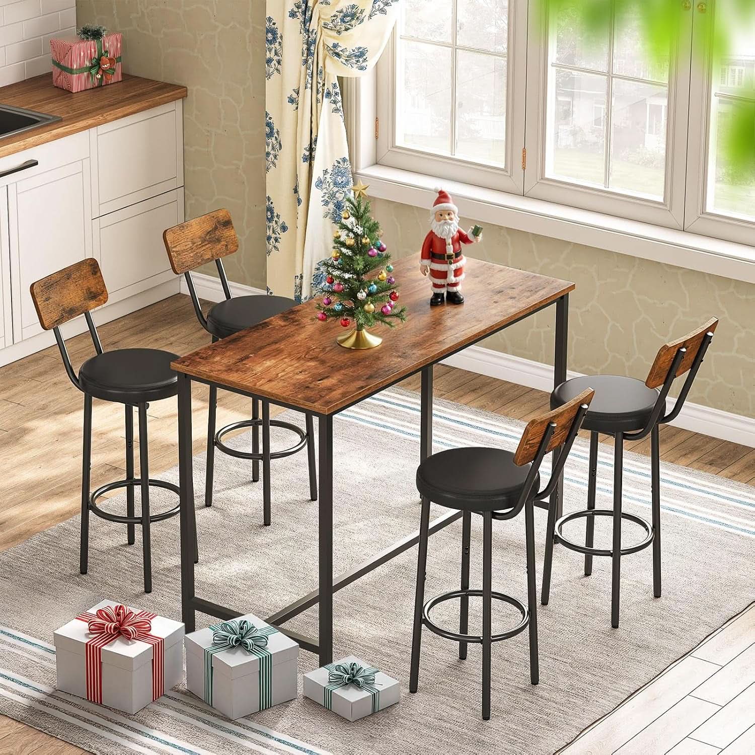 Rustic Brown PU Bar Stools Set of 2 26 Inch With Footrest