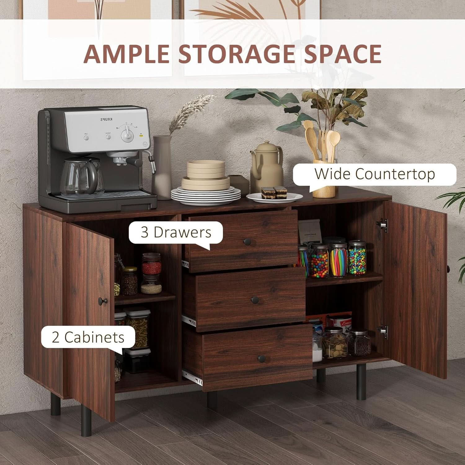 Rustic Brown Sideboard Buffet Cabinet With Three Drawers