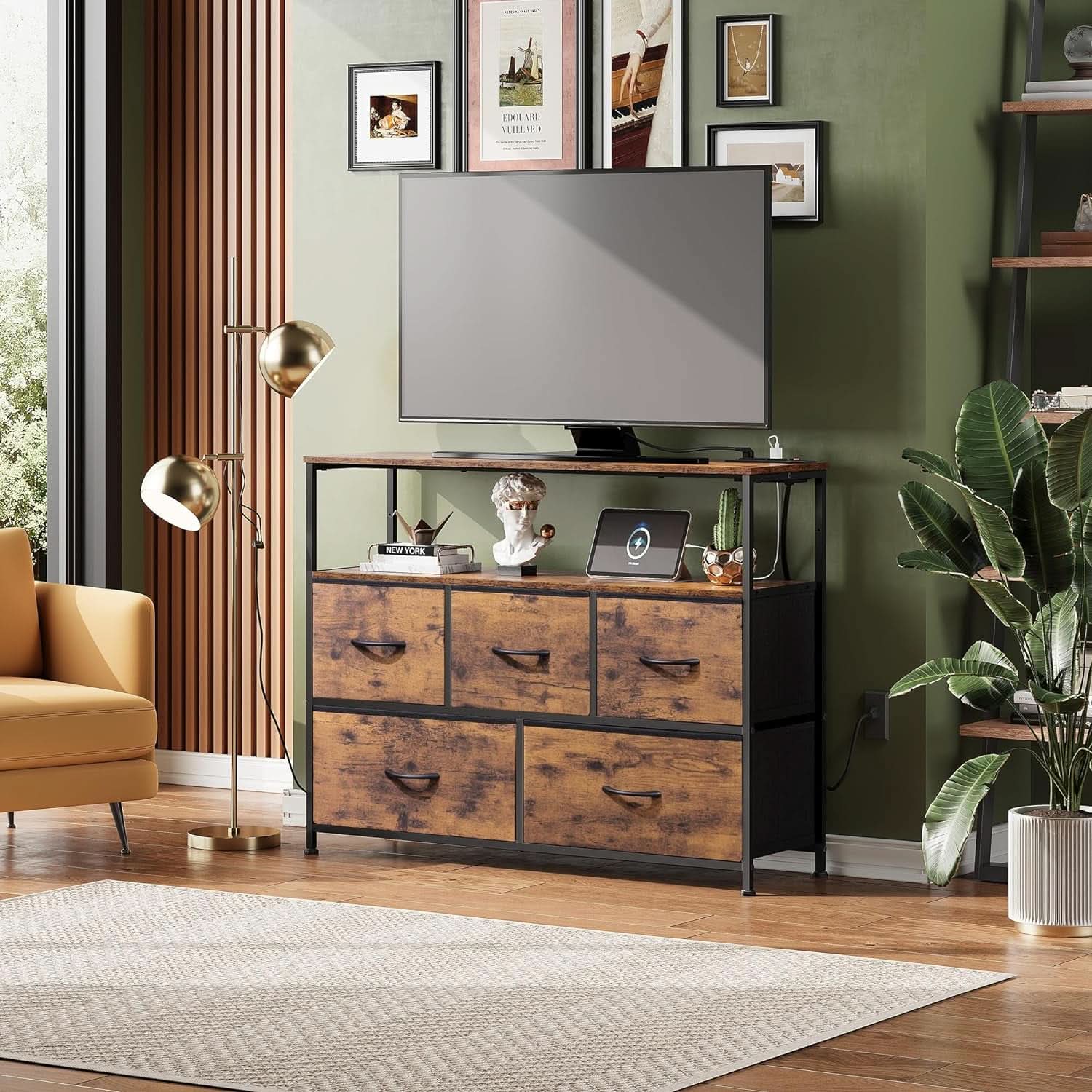 Rustic Brown TV Stand With Built In Charging Station