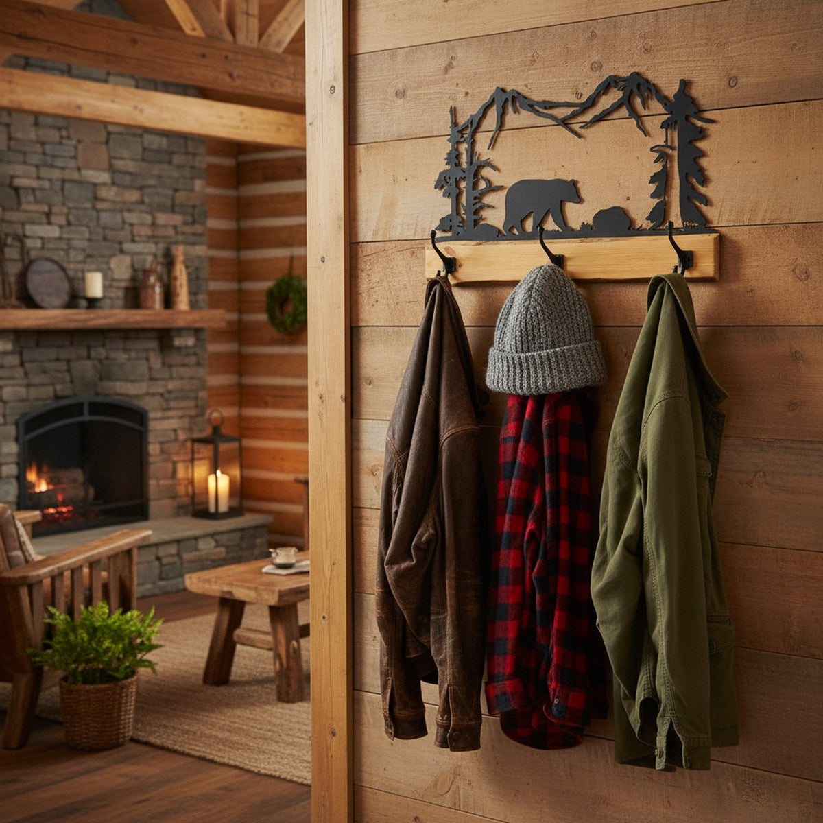 Rustic Coat Rack With 3 Hooks - Pine Wood Coat Hanger with Wilderness Metal Art Silhouette