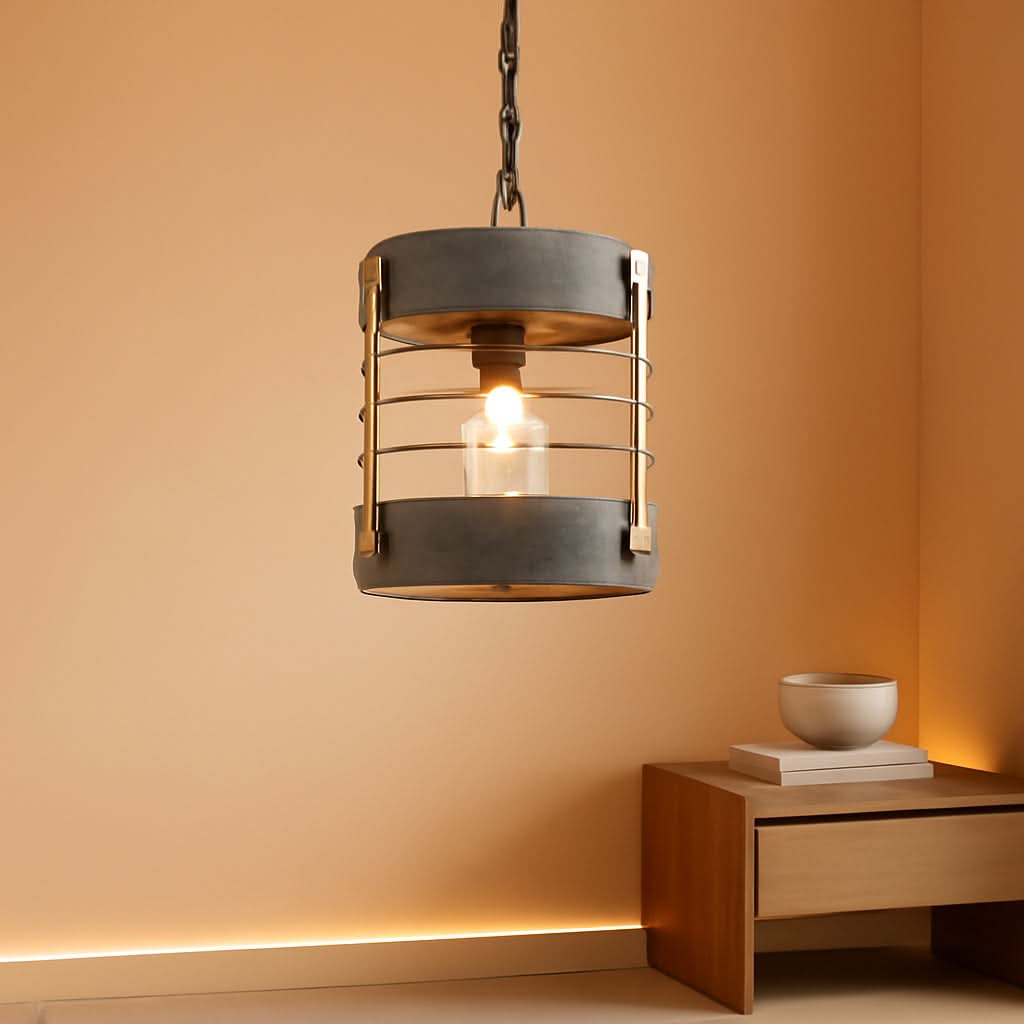 Rustic Farmhouse Pendant Light Adjustable Metal And Wood Blue Gray