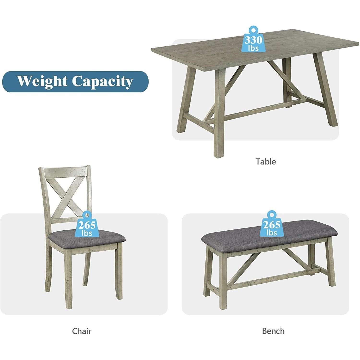 Rustic Gray Six Piece Dining Table Set Cushioned Chairs