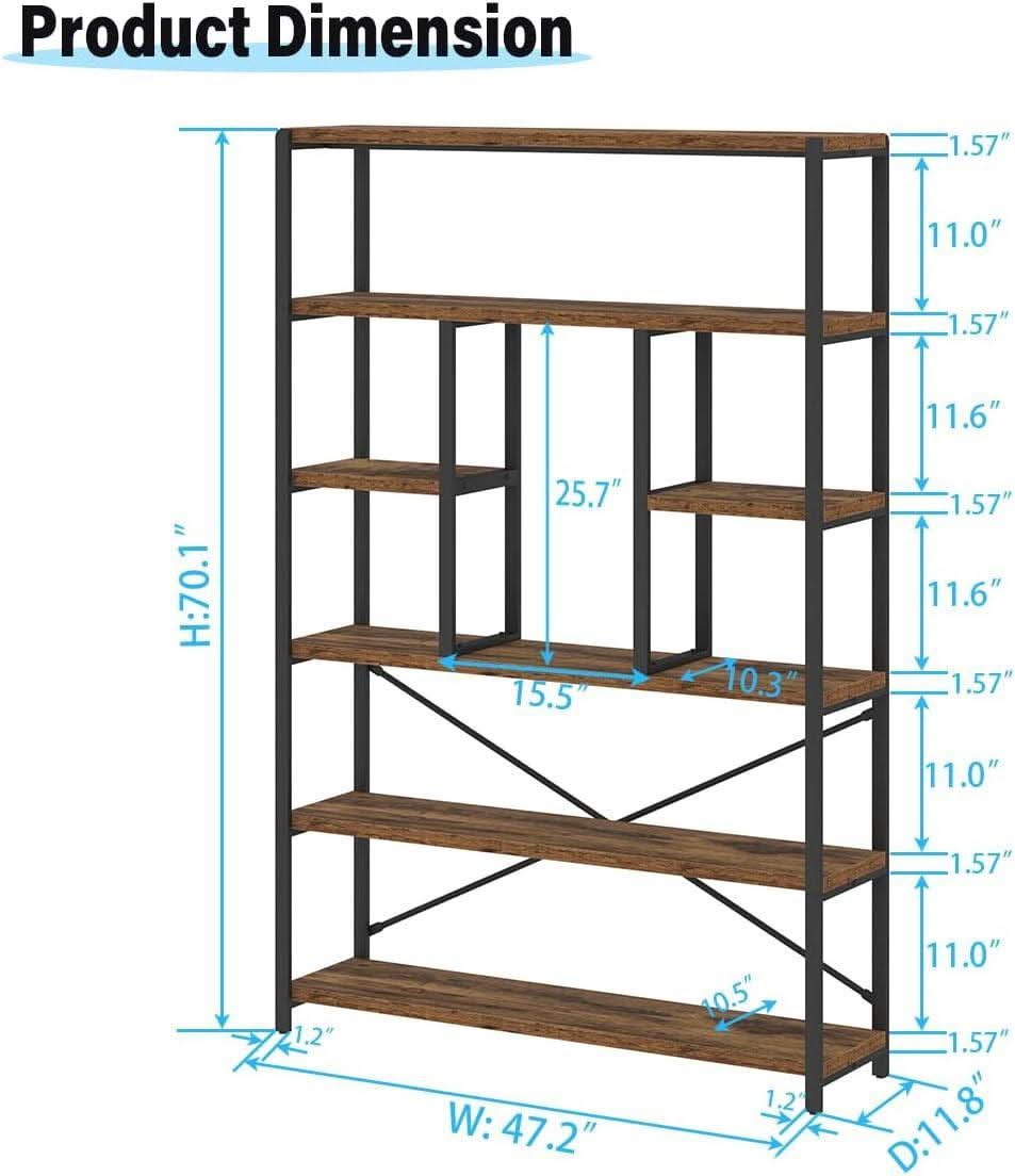 Rustic Industrial 6 Tier Bookcase Brown Wood Black Metal