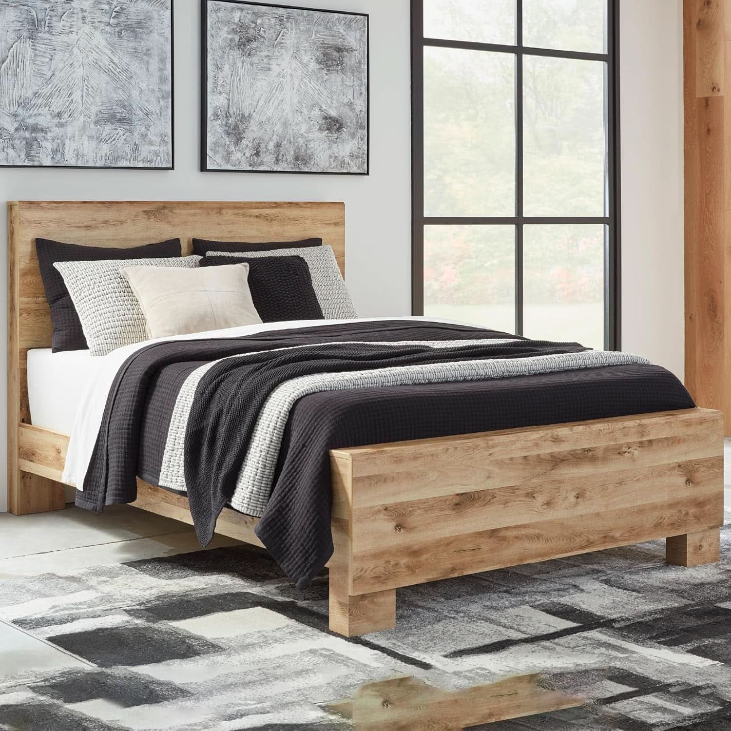 Rustic Queen Panel Bed With Metal Slats Light Brown Finish