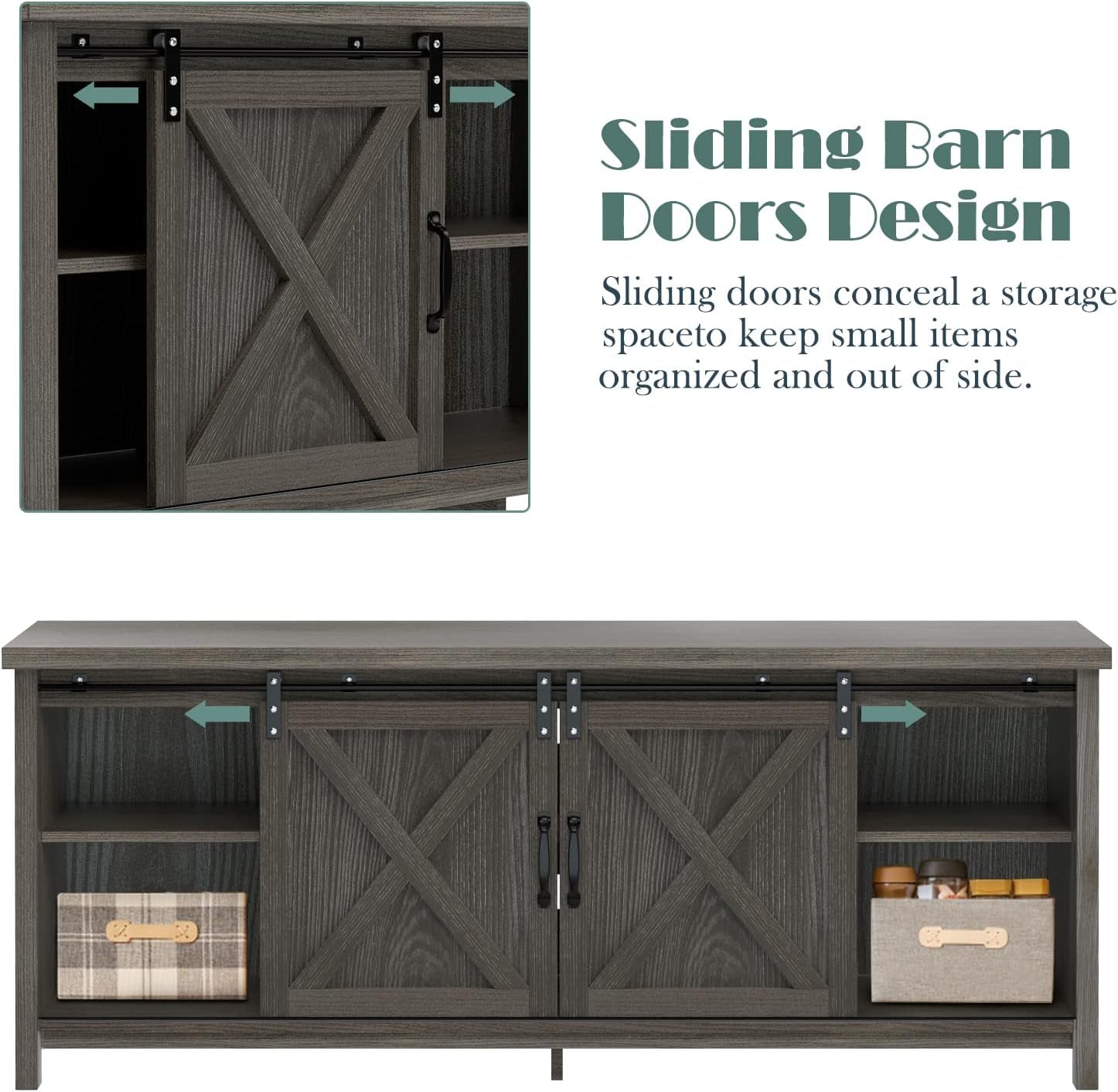 Rustic Sliding Barn Door TV Stand for 65 Inch TVs Dark Grey
