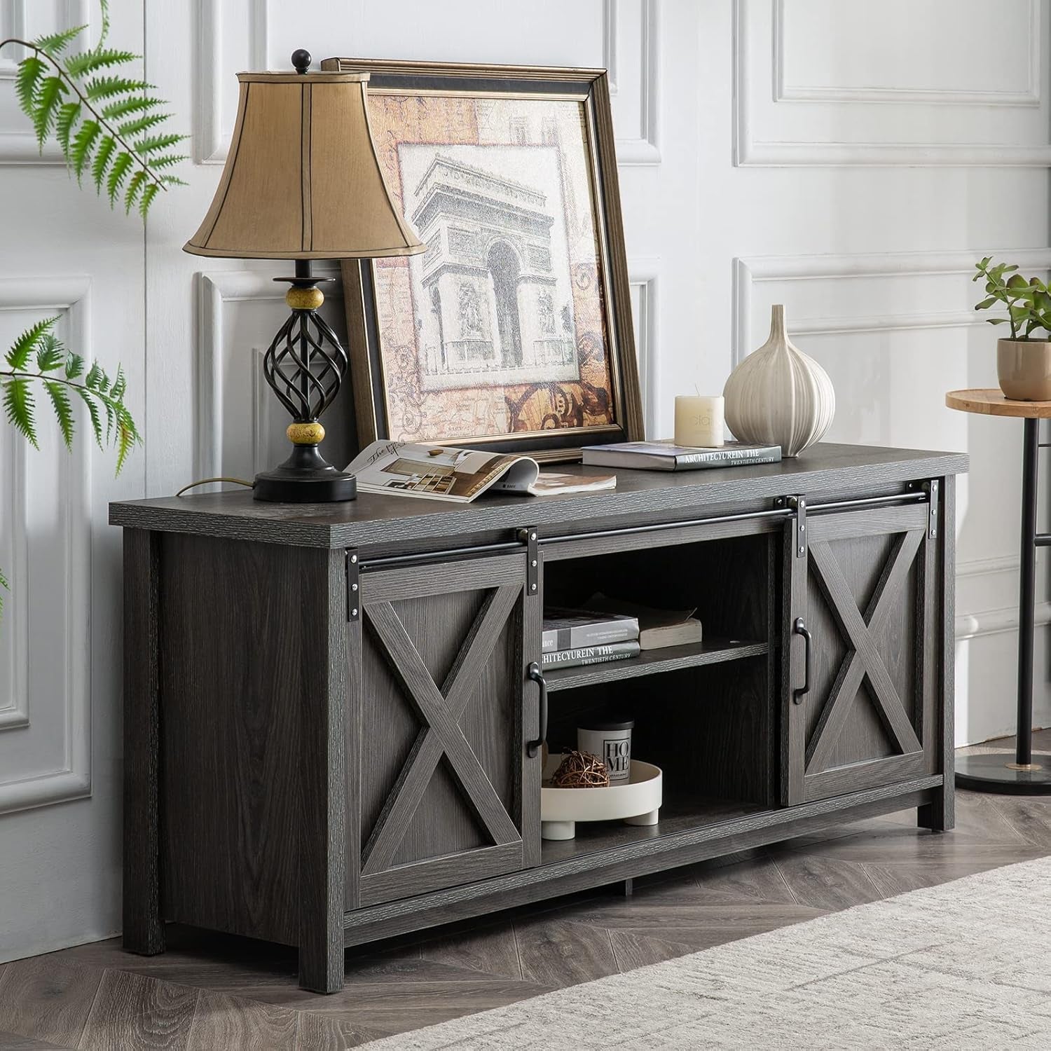 Rustic Sliding Barn Door TV Stand for 65 Inch TVs Dark Grey