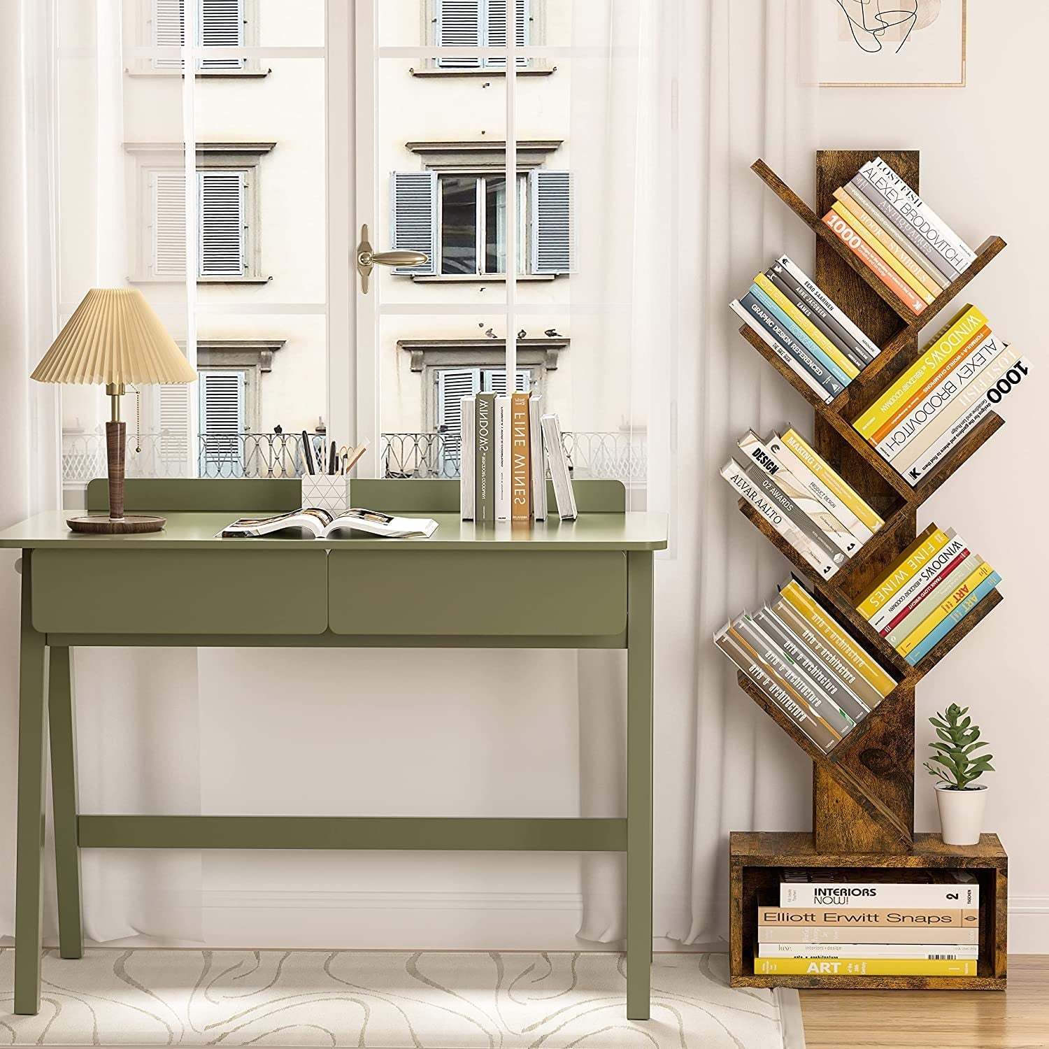 Rustic Tree Bookshelf With Drawer And Open Shelves