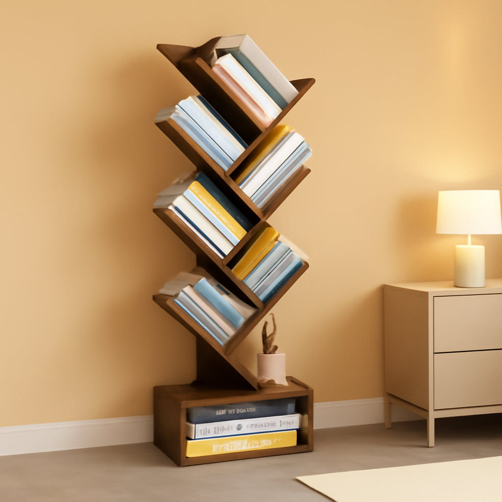 Rustic Tree Bookshelf With Drawer And Open Shelves