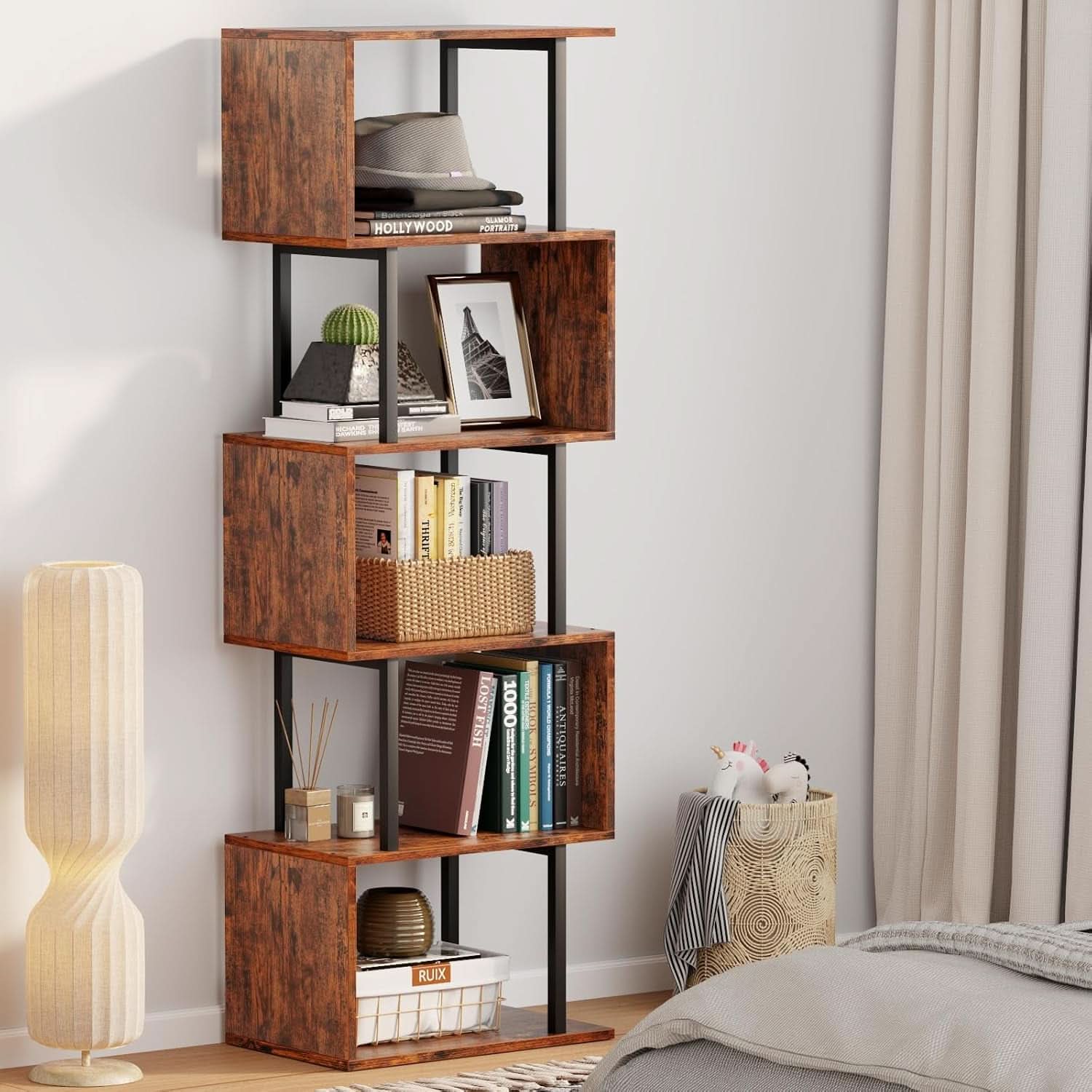 S Shaped 6 Tier Bookshelf Wood And Metal Room Divider