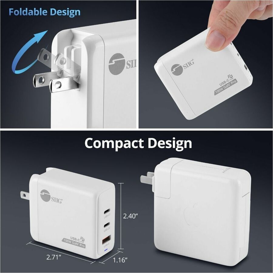 SIIG 100W GaN PD Combo Charger - 2C1A - USB-C Charging Station - Portable USB Type-C