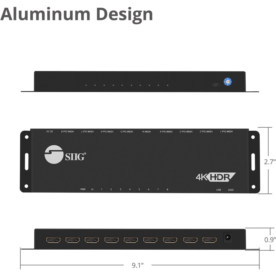 SIIG 1x8 HDMI 2.0 HDR Splitter Distribution Amplifier with EDID Management - 4Kx2K 60Hz CE-H23D11-S1