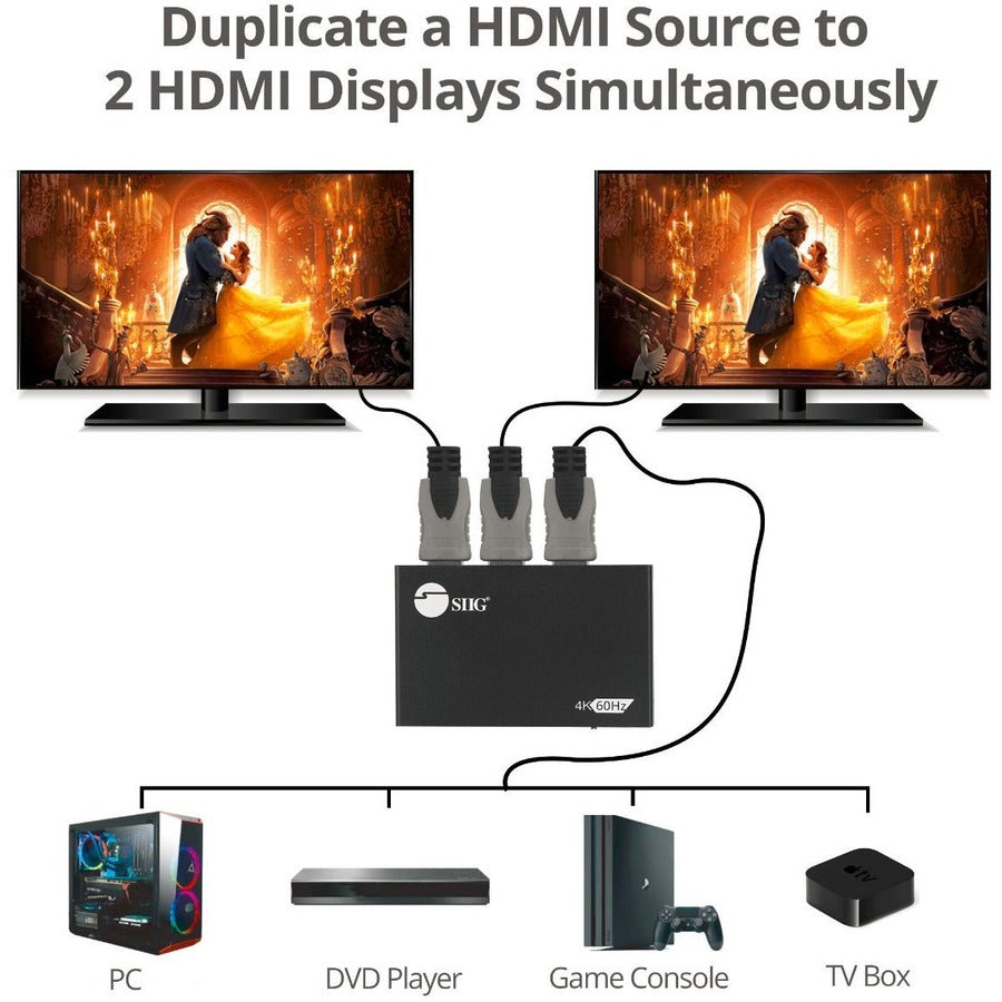 SIIG 2 Port HDMI 2.0 4K @60Hz HDR Splitter with EDID & Downscaler CE-H26B11-S1