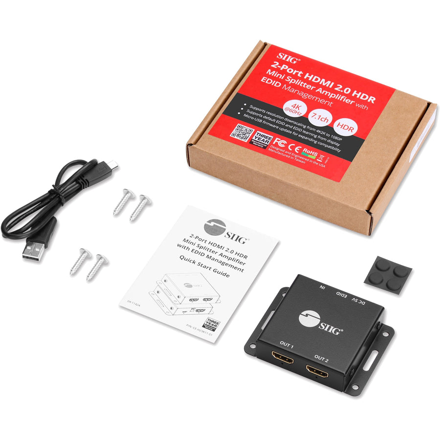 SIIG 2-Port HDMI 2.0 HDR Mini Splitter Amplifier with EDID Management CE-H23K11-S1