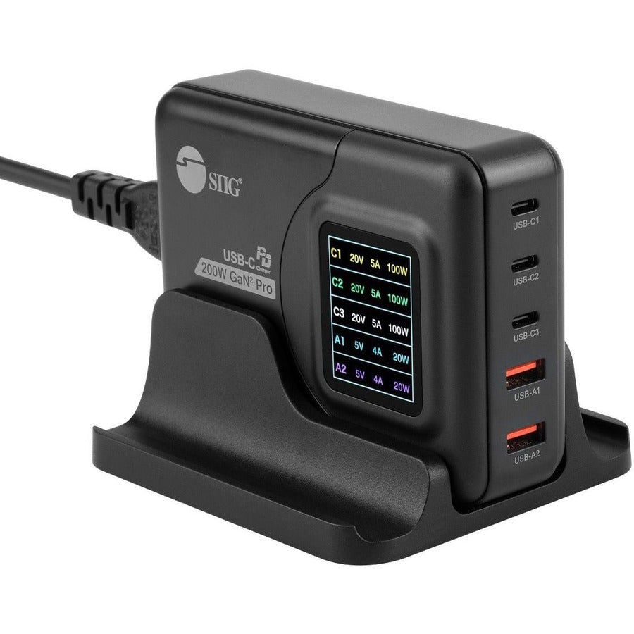 SIIG 200W GaN PD Charger with Charging Display- 3C2A - Portable USB Type-C Charger -