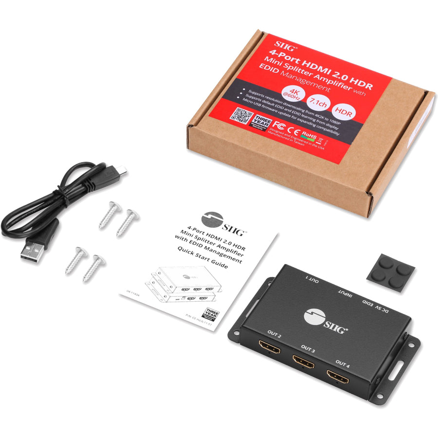 SIIG 4 Port HDMI 2.0 HDR Mini Splitter Amplifier with EDID Management CE-H23L11-S1