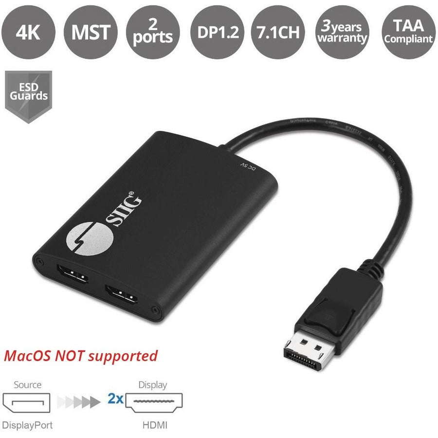 SIIG 4K 1x2 DisplayPort 1.2 to HDMI MST Splitter CE-DP0K11-S1