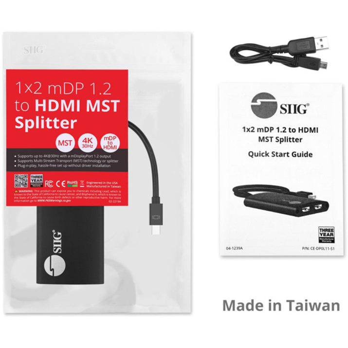 SIIG 4K 2 Ports Mini DisplayPort 1.2 to HDMI MST Splitter CE-DP0L11-S1