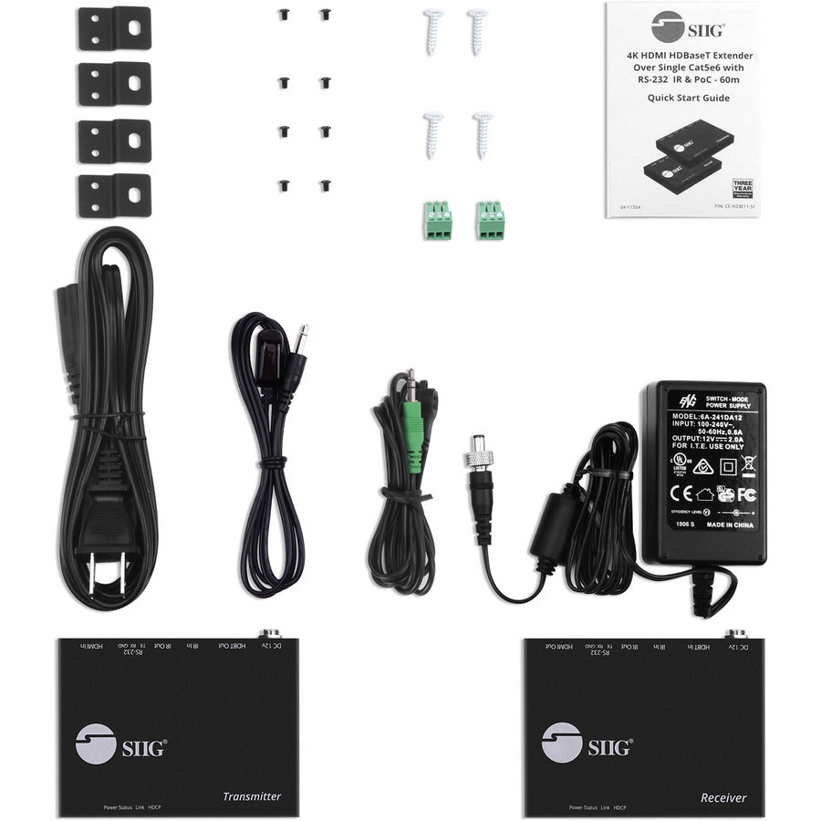 SIIG 4K HDMI HDBaseT Extender Over Single Cat5e/6 with RS-232, IR & PoC - 100m CE-H23F11-S1