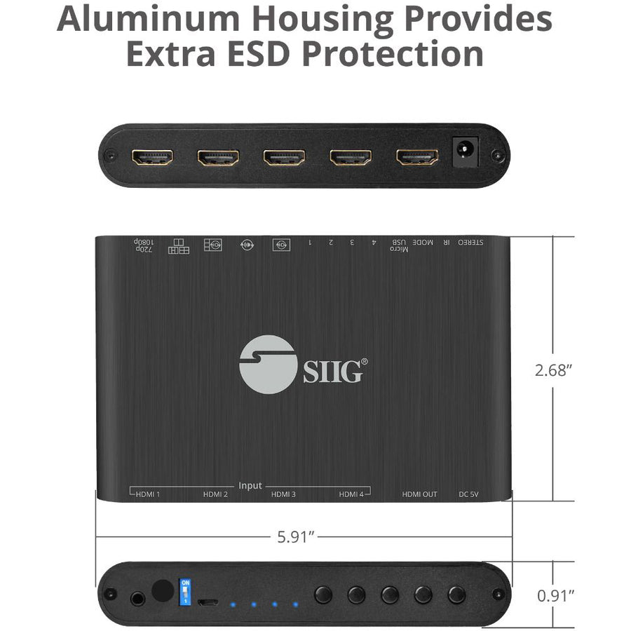SIIG 4x1 HDMI Seamless Quad-Split Multi-Viewer Switcher CE-H25R11-S1
