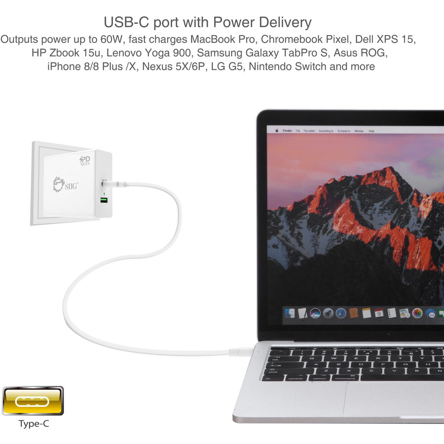 SIIG 65W USB-C PD Charger Power Delivery with QC3.0 Wall Charge AC-PW1F12-S1