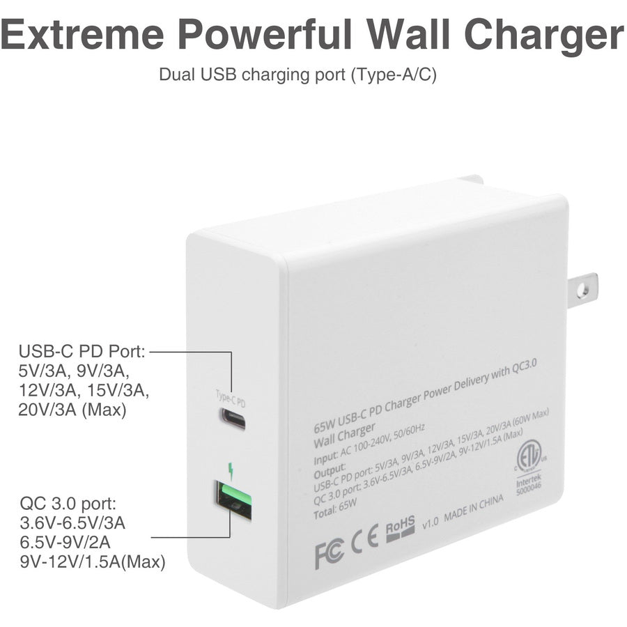 SIIG 65W USB-C PD Charger Power Delivery with QC3.0 Wall Charge AC-PW1F12-S1