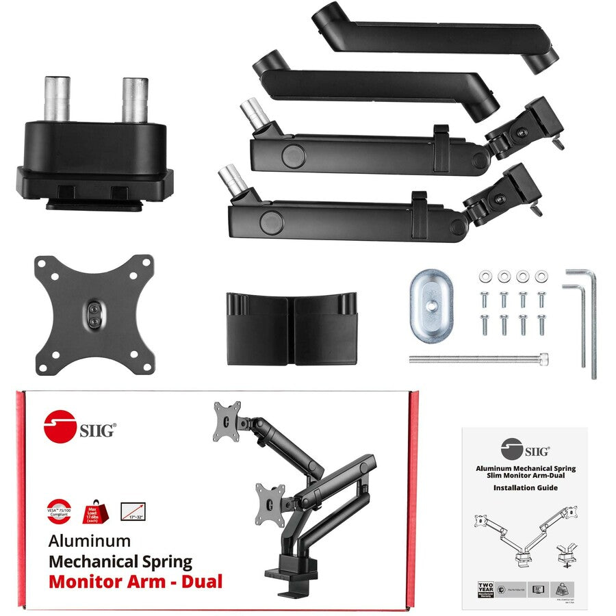 SIIG Aluminum Mechanical Spring Dual Monitor Mount - 17 to 32 - 17.6 lbs - Top Mounting" CE-MT2U12-S1