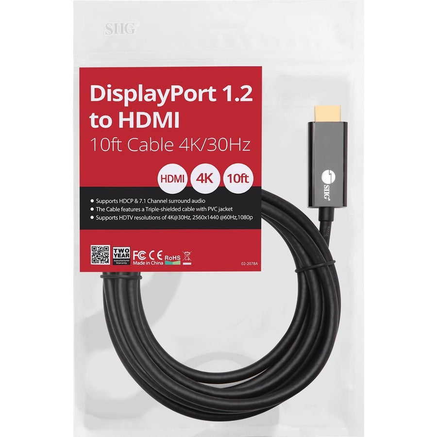 SIIG DisplayPort 1.2 to HDMI 10ft Cable 4K/30Hz CB-DP1R12-S1