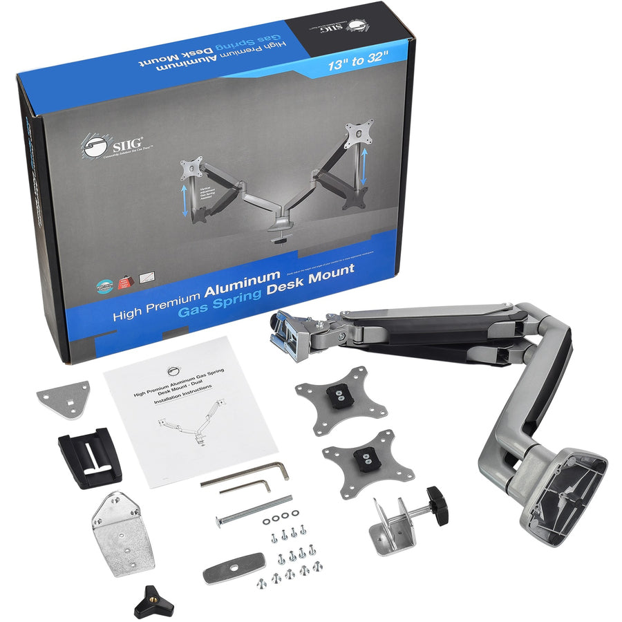 SIIG High Premium Aluminum Gas Spring Desk Mount - Dual Monitor - Fits 13 to 32" monitors - Max load 19.8Ibs(each)" CE-MT2E12-S1