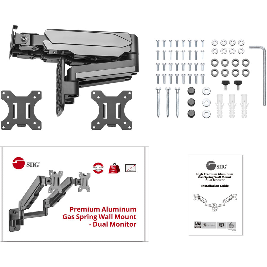 SIIG High Premium Aluminum Gas Spring Wall Mount - Dual Monitor 17 to 32"" CE-MT2M12-S1